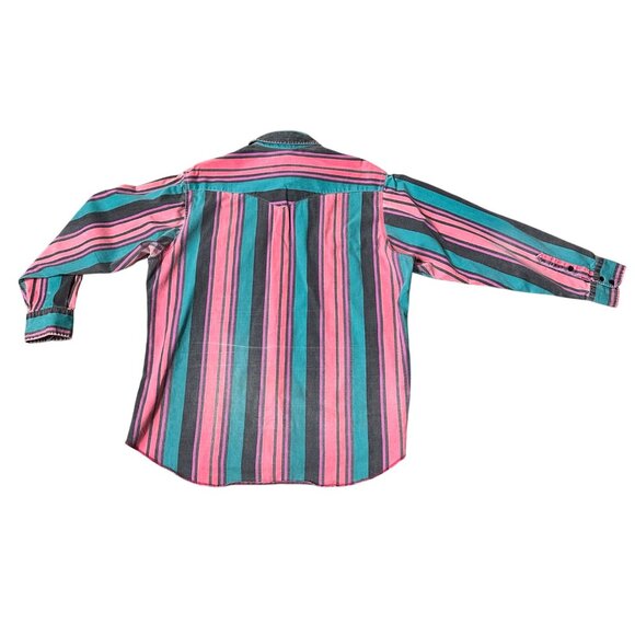 Vintage Wrangler Brushpopper 90s Western Shirt Pink Teal Stripe USA Rodeo Cowboy - Picture 3 of 12